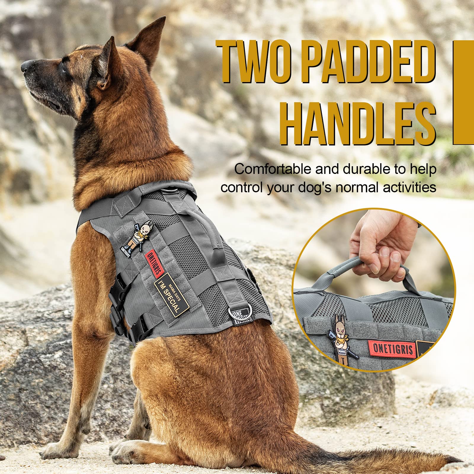 Onetigris tactical dog harness grab handles for easier boarding and crowd control.