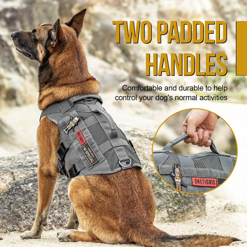 Onetigris tactical dog harness grab handles for easier boarding and crowd control.