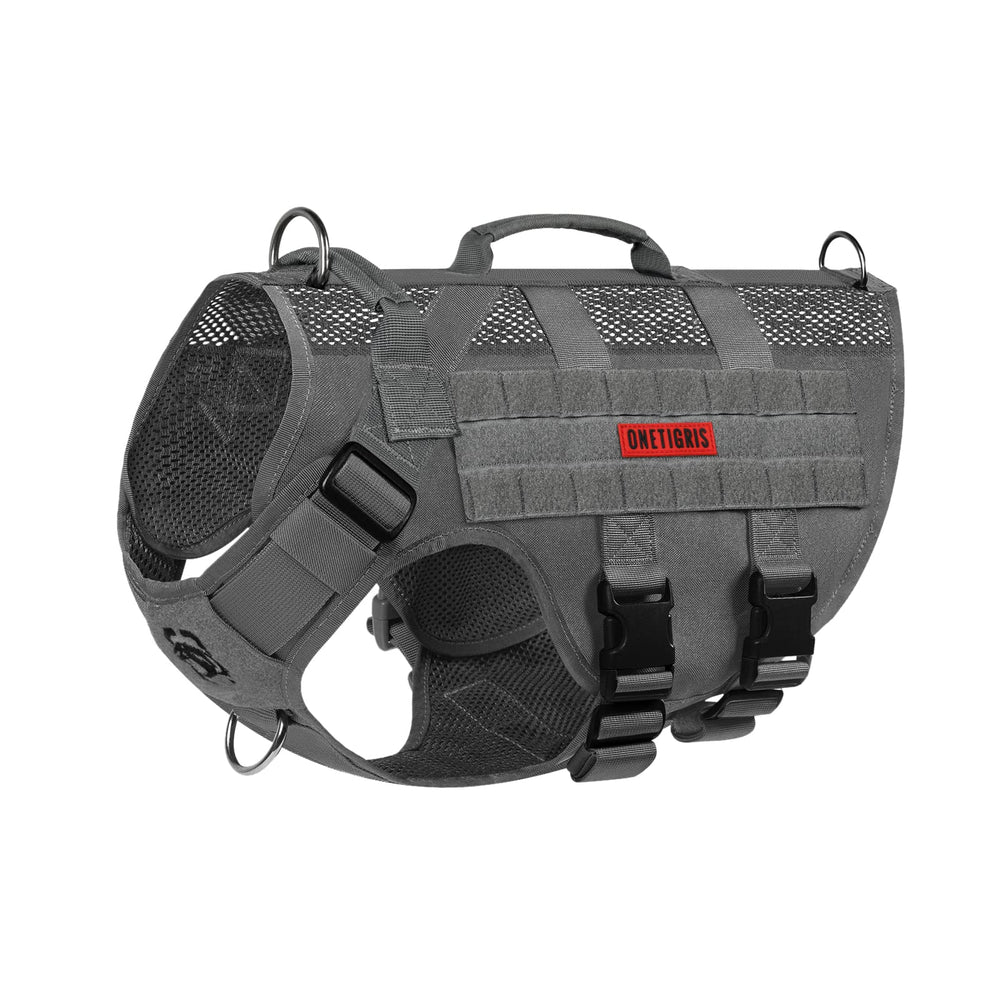 Onetigris tactical dog harness side view highlighting breathable mesh and secure fit.