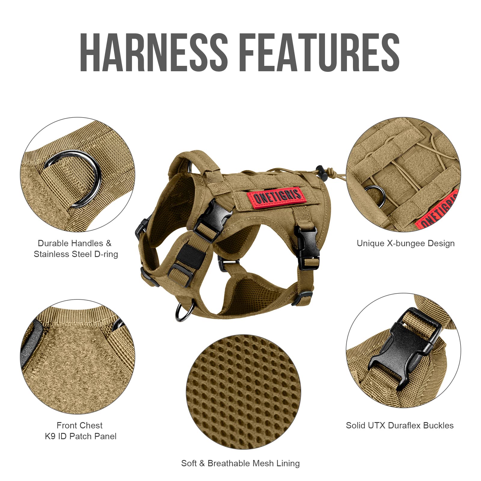 OneTigris tactical dog harness back view with top handle for control