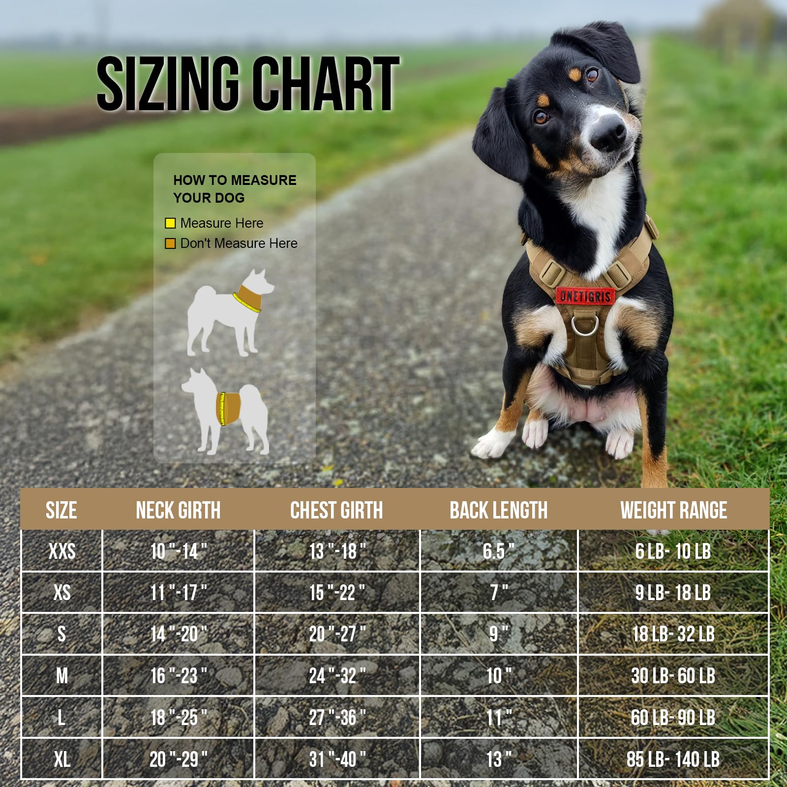 OneTigris tactical dog harness side view highlighting adjustable sizing for comfort