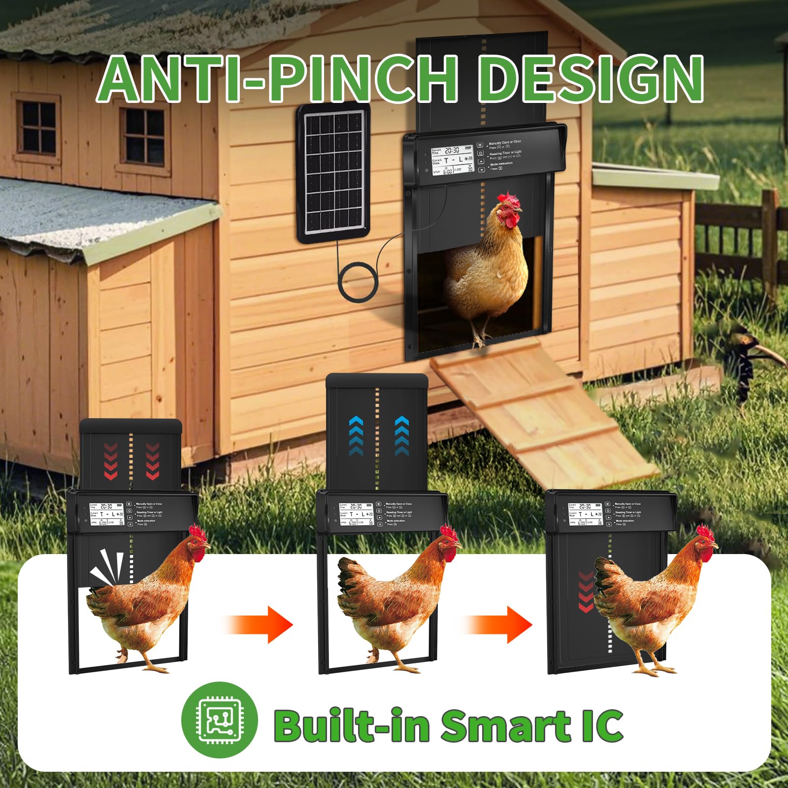 ONKO coop door with light sensor opens at dawn and closes at dusk.