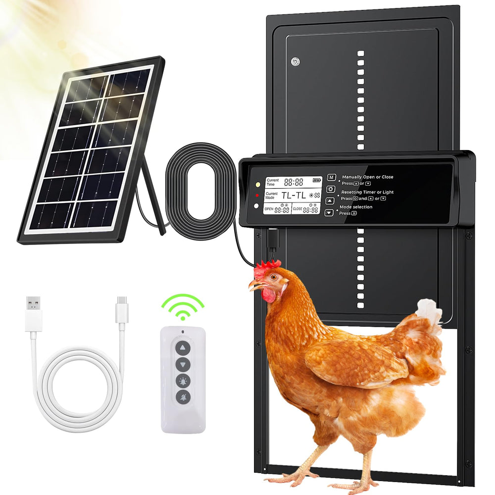ONKO solar coop door with LCD display showing settings for easy setup.