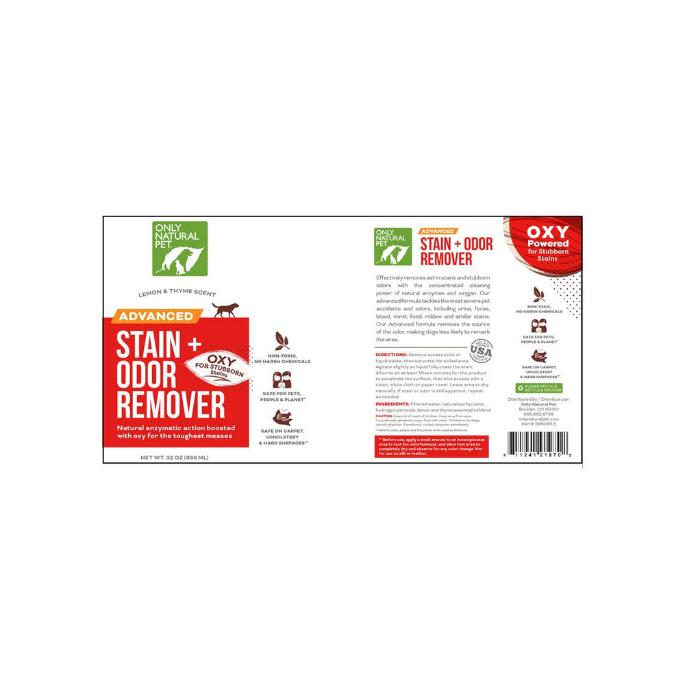 Only Natural Pet Advanced Dog Stain Odor Remover Made in USA label.