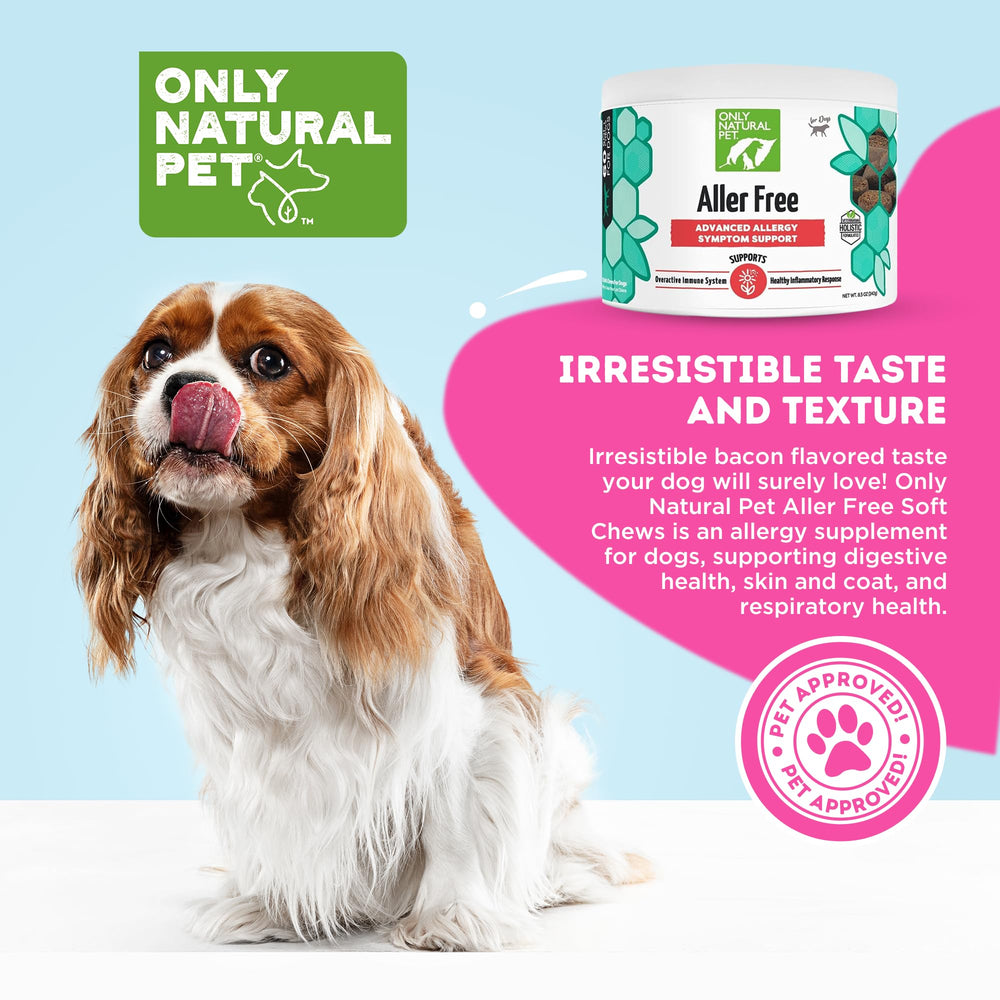 Only Natural Pet AllerFree ingredients label shows quercetin and probiotics.
