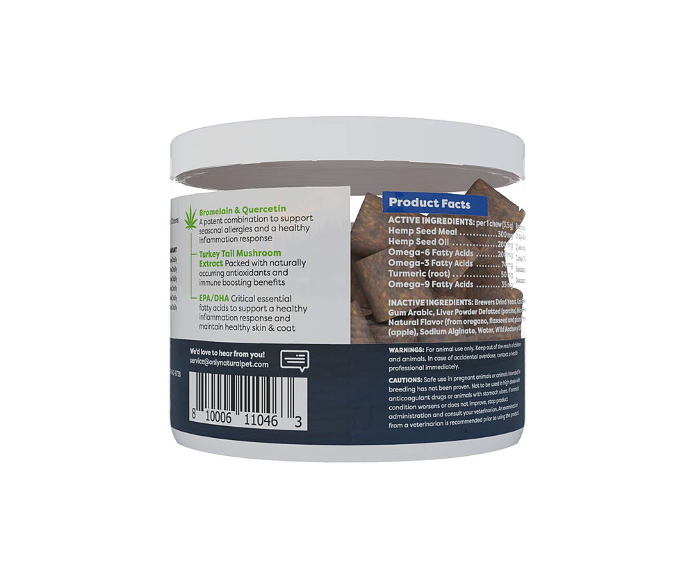 Open bag of Only Natural Pet Allergy Soft Chews with dog nearby