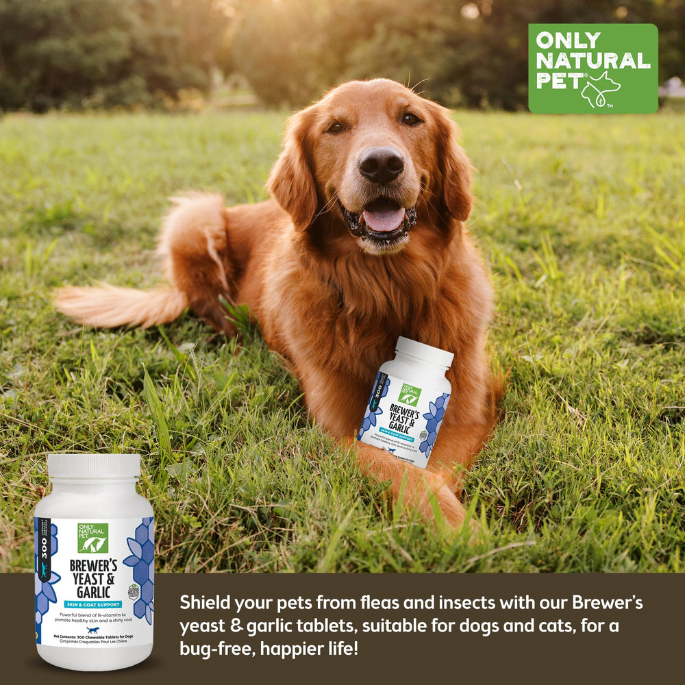 Only Natural Pet Brewer's Yeast & Garlic chewables dog near bottle conveys home-use convenience.