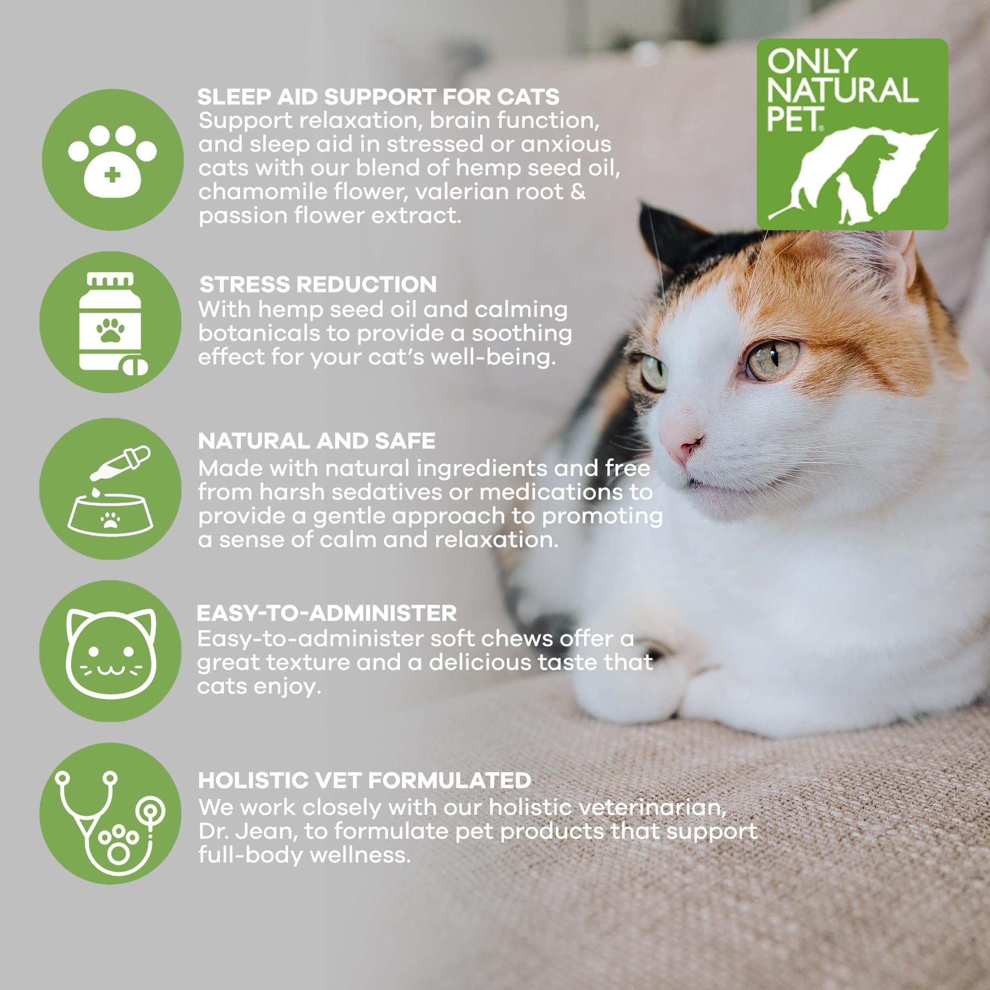 Calming Soft Chews bottle from Only Natural Pet shown on a shelf