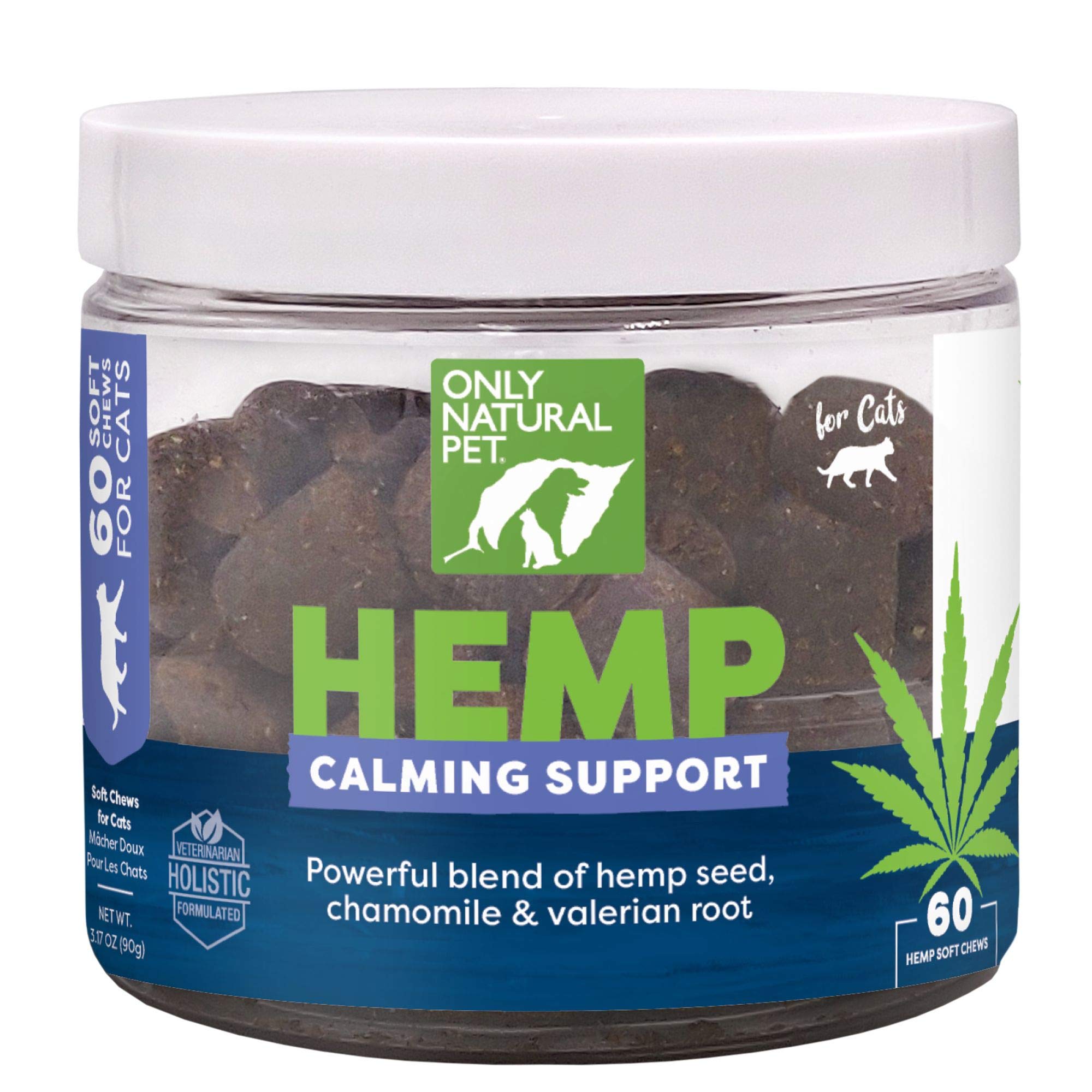 Only Natural Pet Calming Soft Chews packaging promotes stress relief for cats