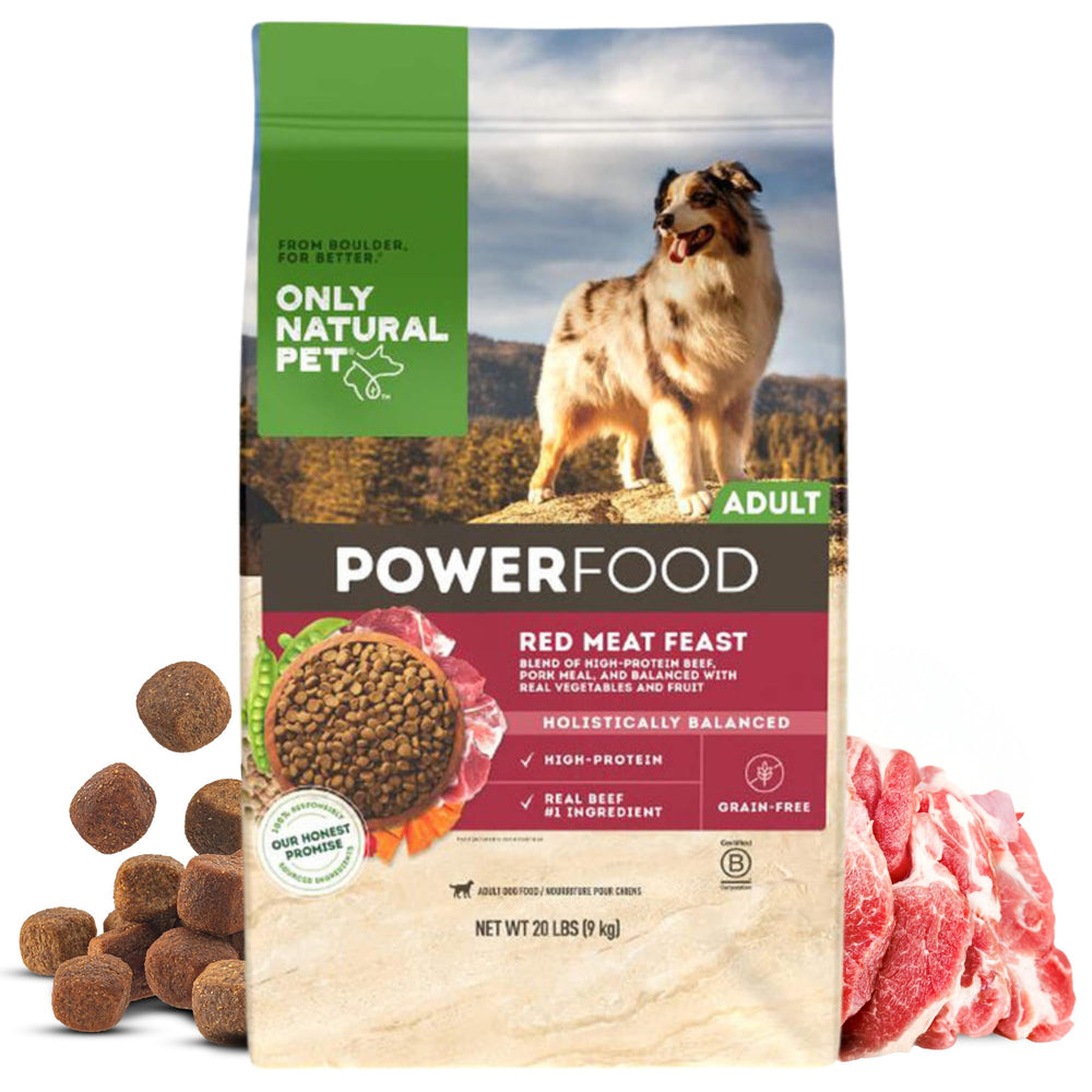 Only Natural Pet Canine PowerFood dry dog food 20 lb bag, convenient for busy households.