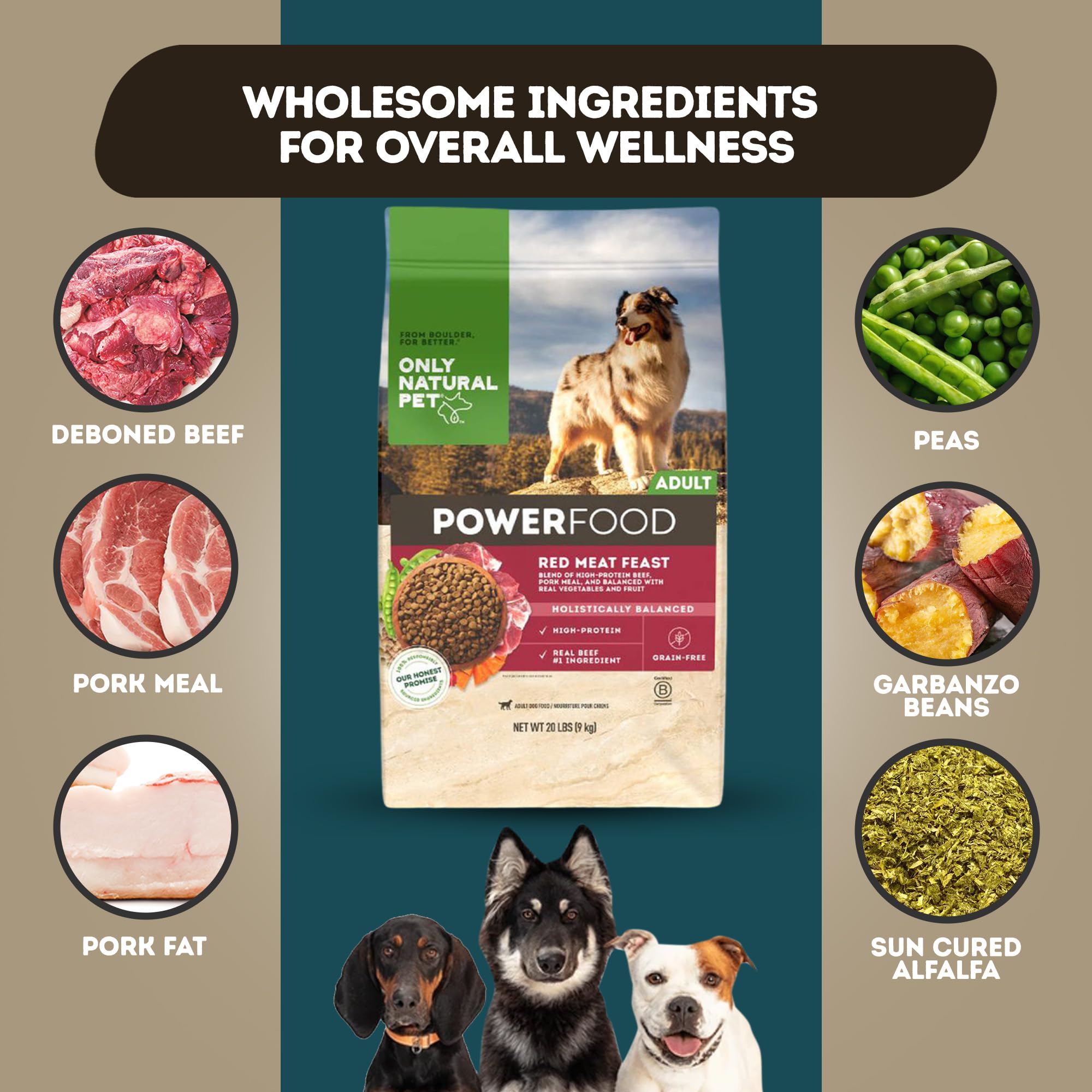 Only Natural Pet PowerFood red meat feast flavor for protein-forward meals.