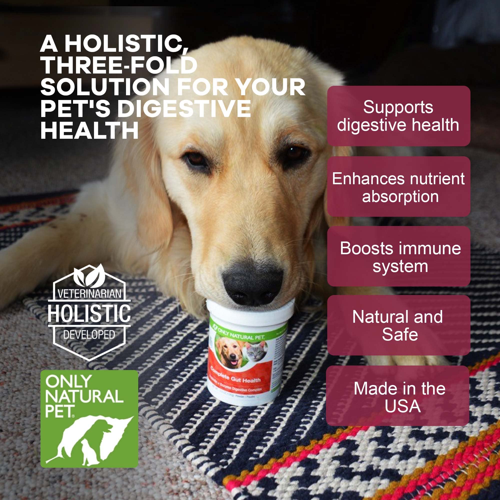 Only Natural Pet Complete Gut Health Complex served on meals for routine support