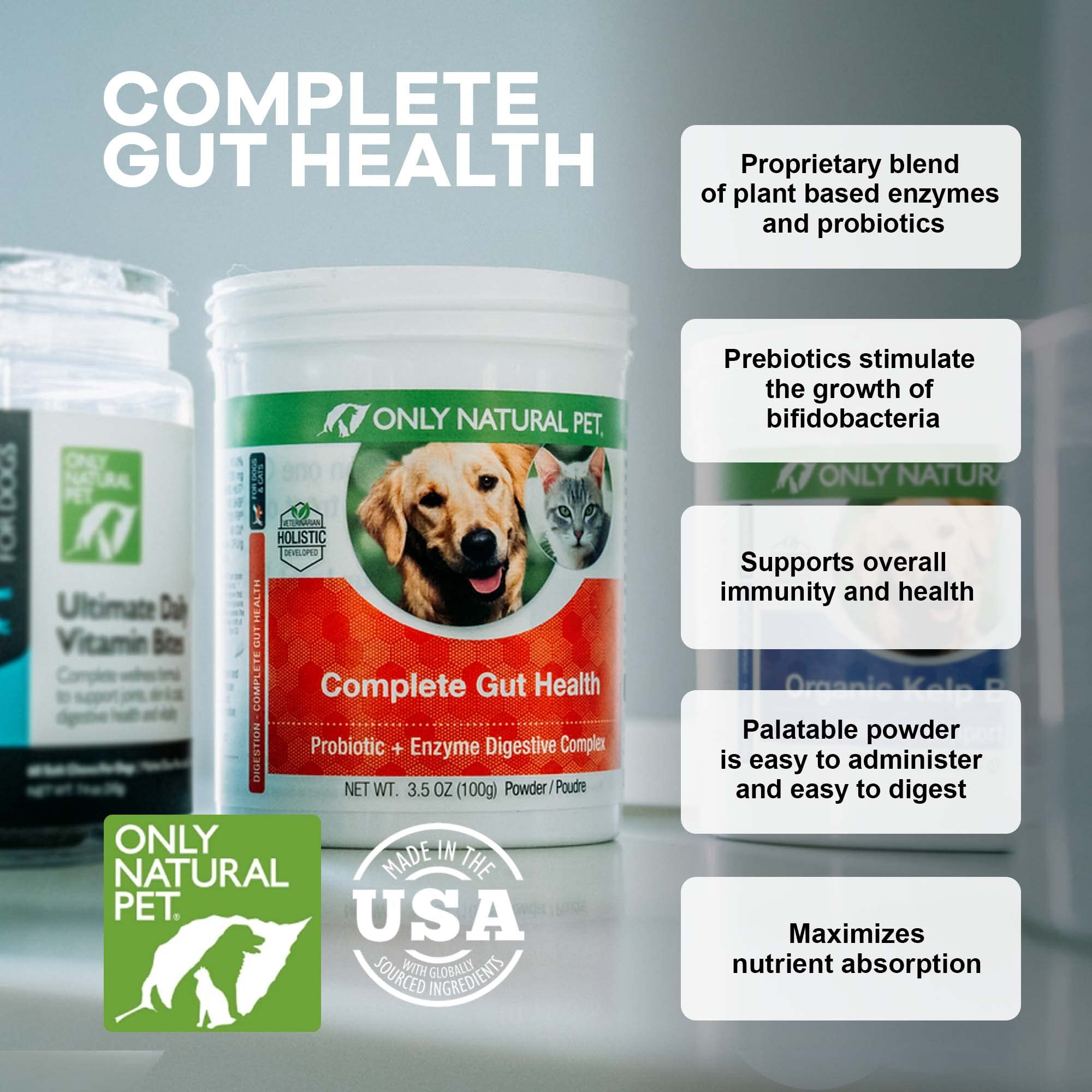 Only Natural Pet ingredients list highlights enzymes, prebiotics, and probiotics