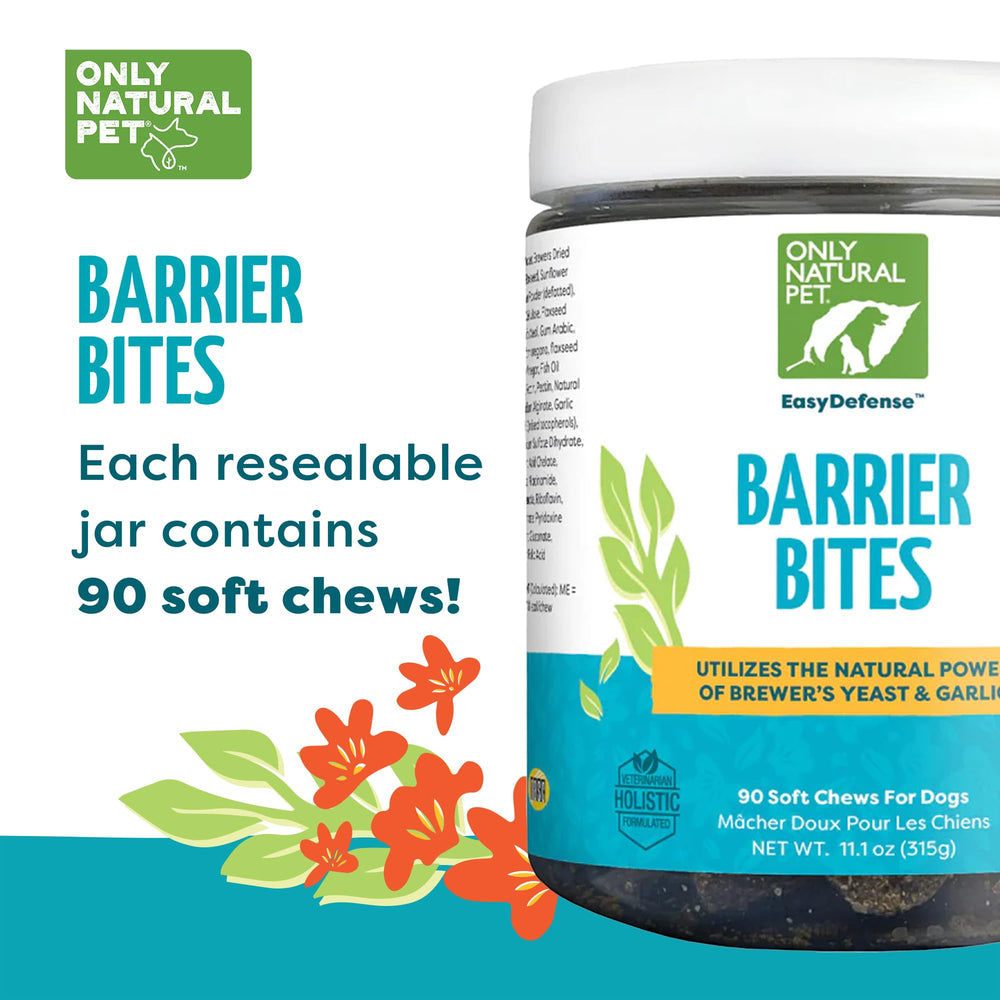 Only Natural Pet EasyDefense Barrier Bites promote healthy skin and coat through nourishing ingredients.