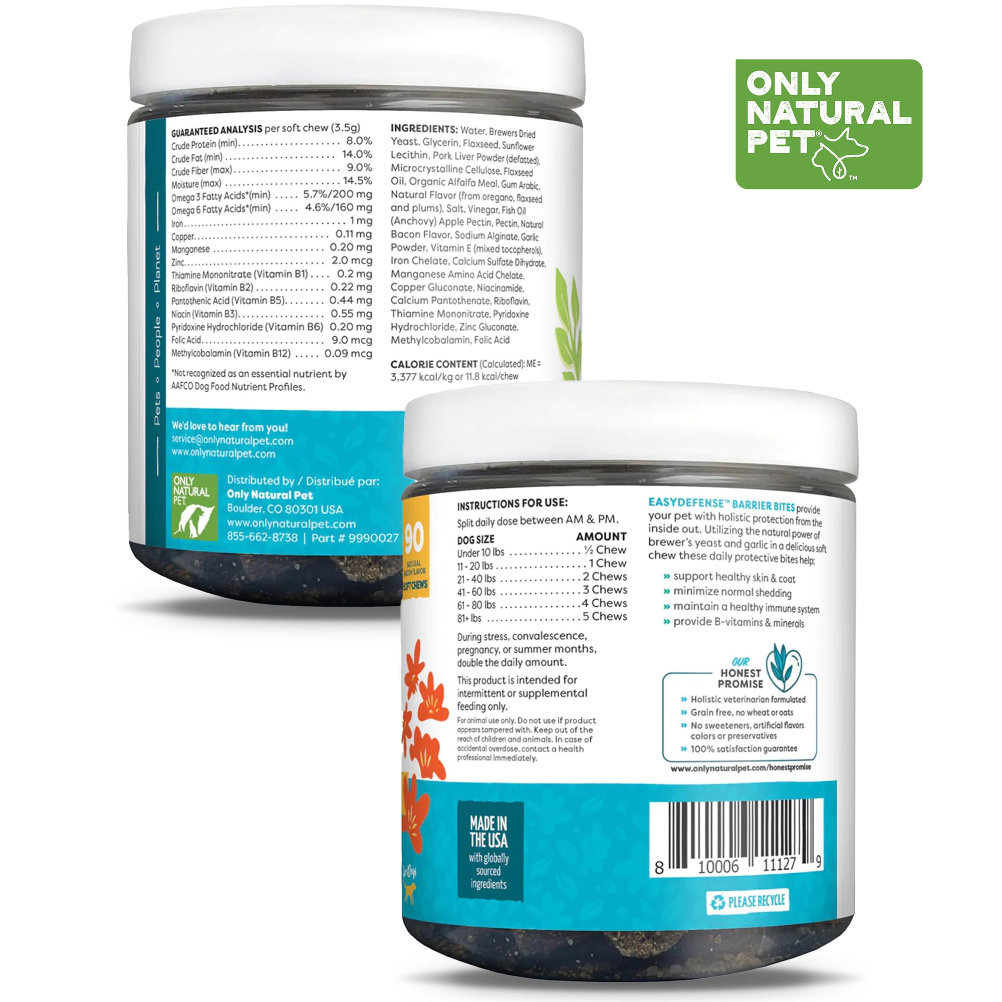 Only Natural Pet EasyDefense Barrier Bites close-up shows soft bacon chews for easy feeding.