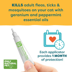 Only Natural Pet EasyDefense cat drops shown with water-resistant after application guidance.