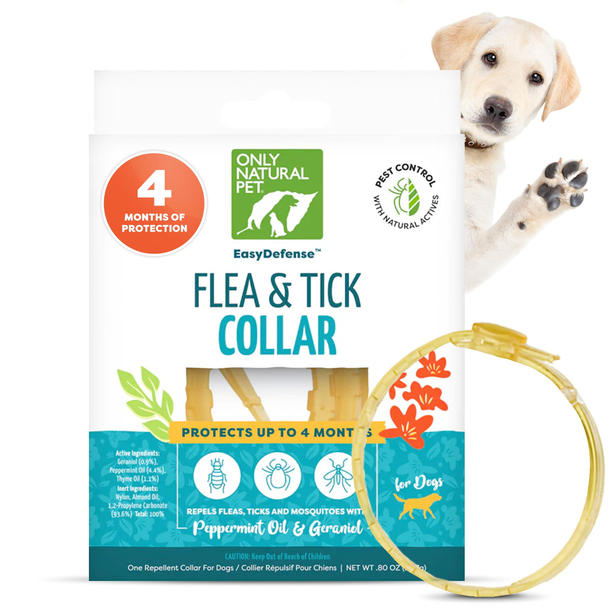 Only Natural Pet EasyDefense collar on dog's neck offering flea and tick protection