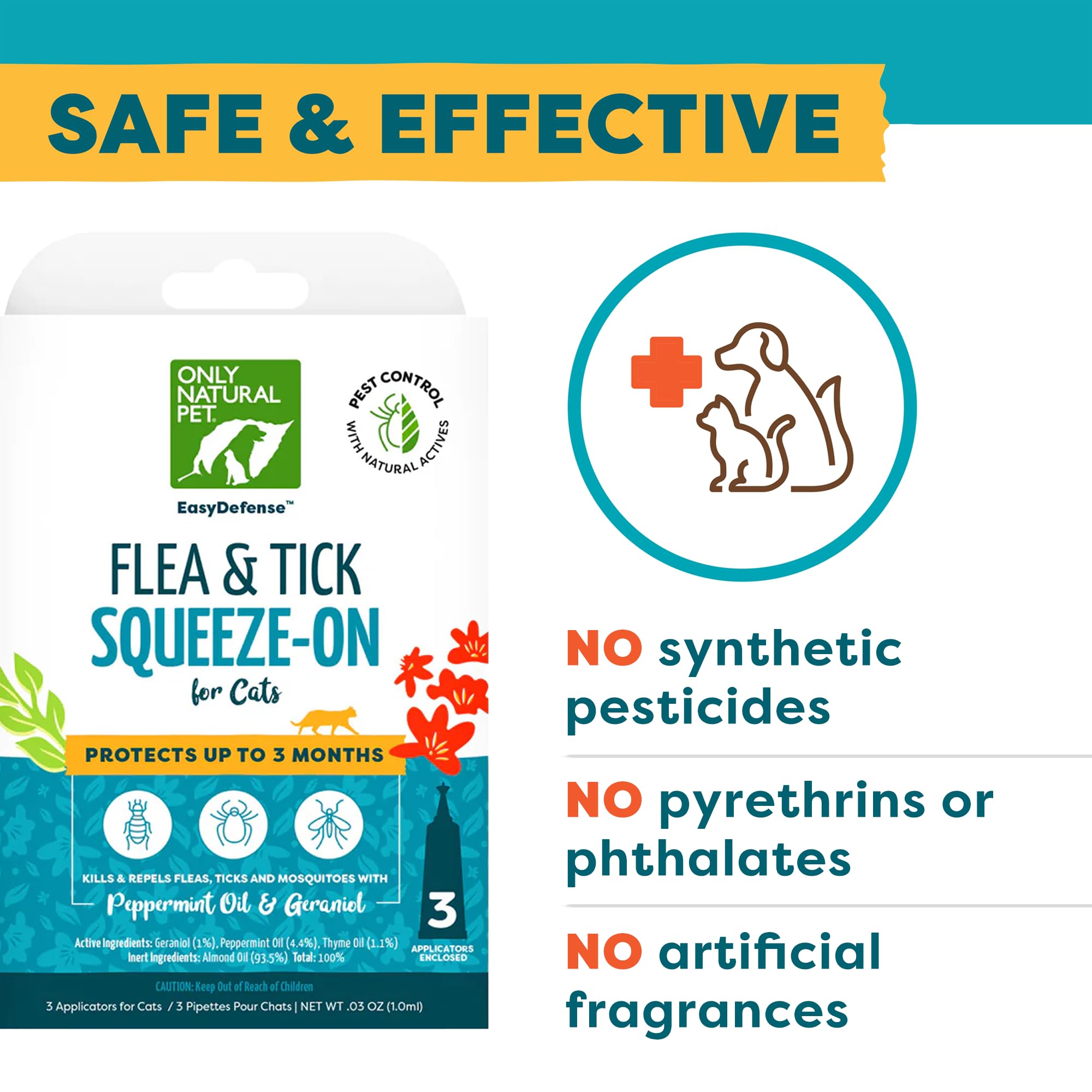 Only Natural Pet EasyDefense notes peppermint and thyme oils for natural scent and care.