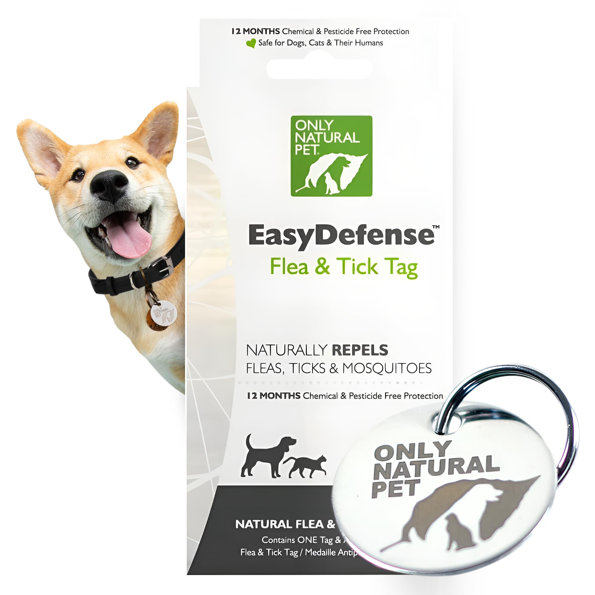 Only Natural Pet EasyDefense Tag closeup on collar shows lightweight daily wear for dogs