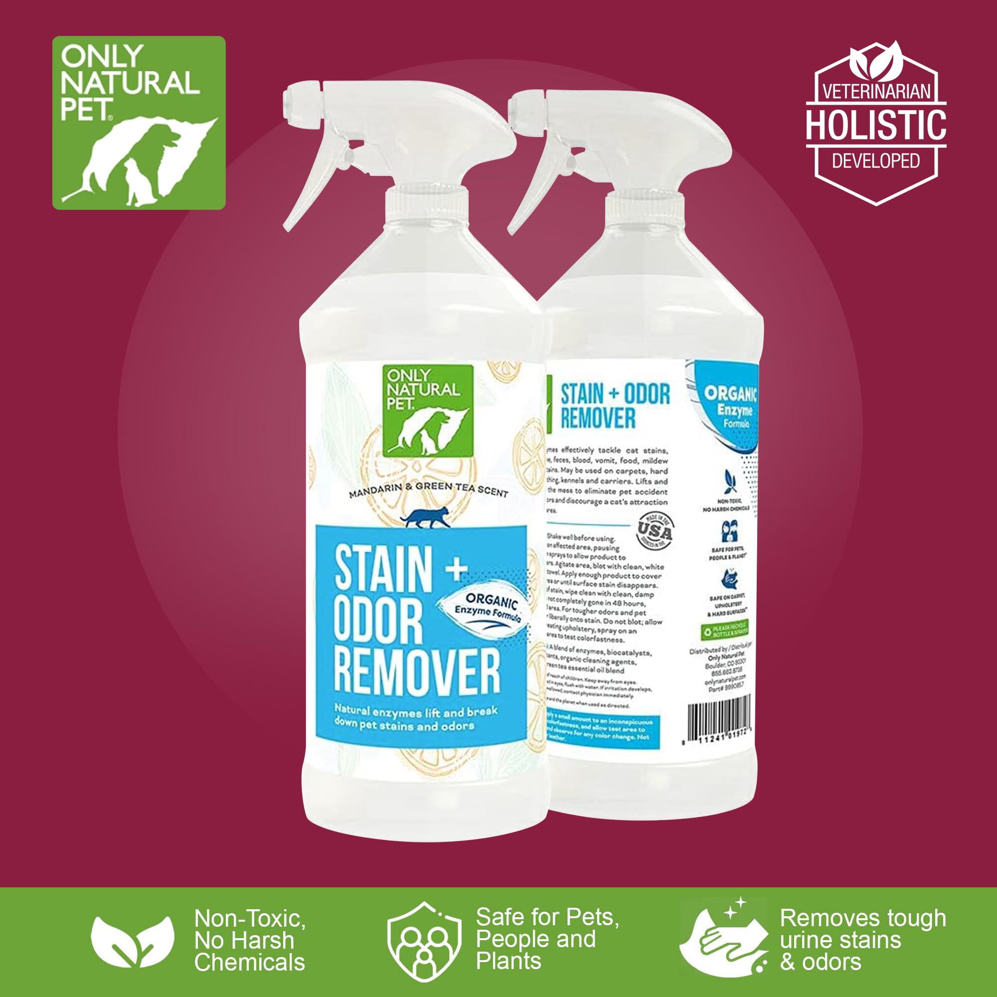 Only Natural Pet enzyme-powered eliminator before-after stain comparison on carpet