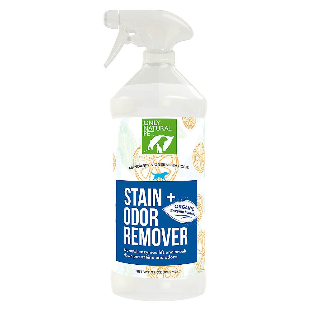 Only Natural Pet enzyme stain bottle pour demonstrates quick stain lifting on fabrics.