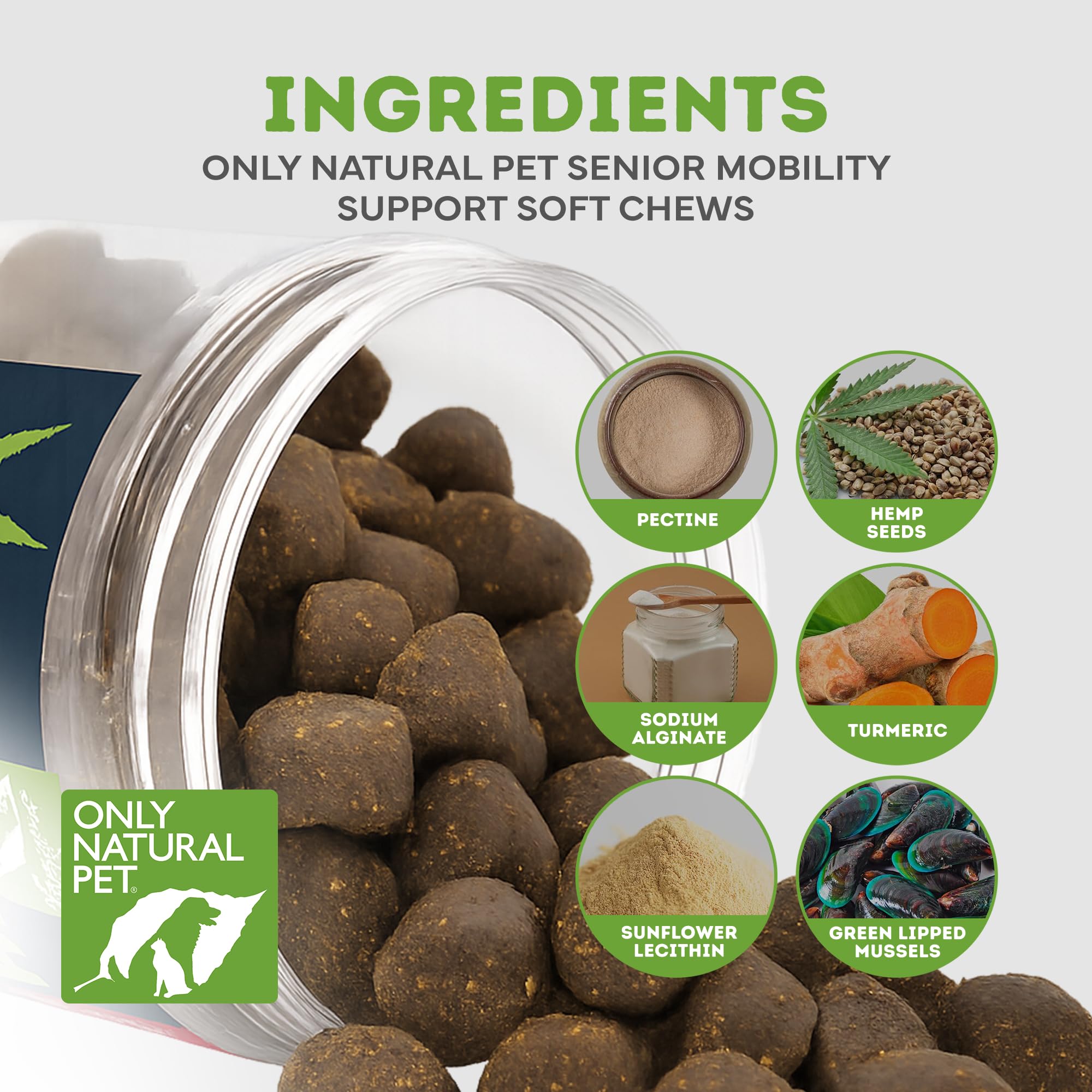 Only Natural Pet Hemp Advanced Mobility chews close-up highlighting versatile joint support.