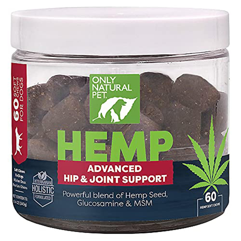 Only Natural Pet Hemp Advanced Mobility bottle demonstrates hip joint support for dogs.