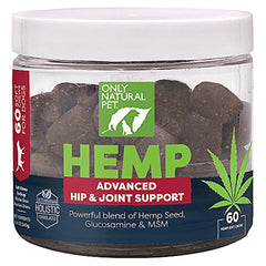 Only Natural Pet Hemp Advanced Mobility bottle demonstrates hip joint support for dogs.