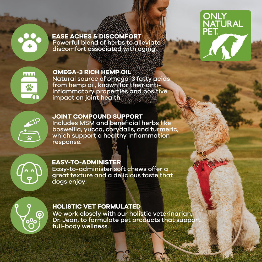 Only Natural Pet Hemp Advanced Mobility with green-lipped mussels supports joint comfort.