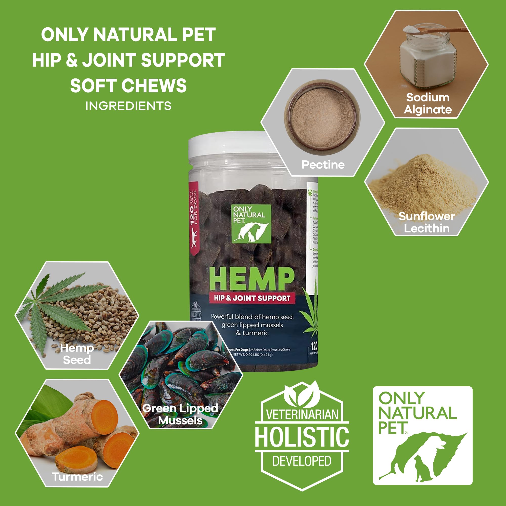 Only Natural Pet hip and joint chews bottle pouring for dog supplementation.