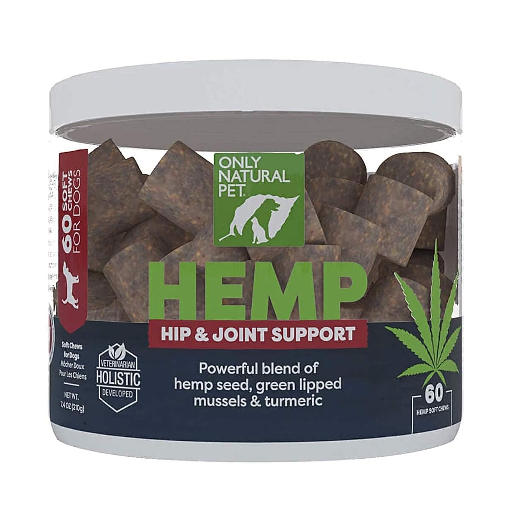 Only Natural Pet hip joint support chews in bottle promote mobility.