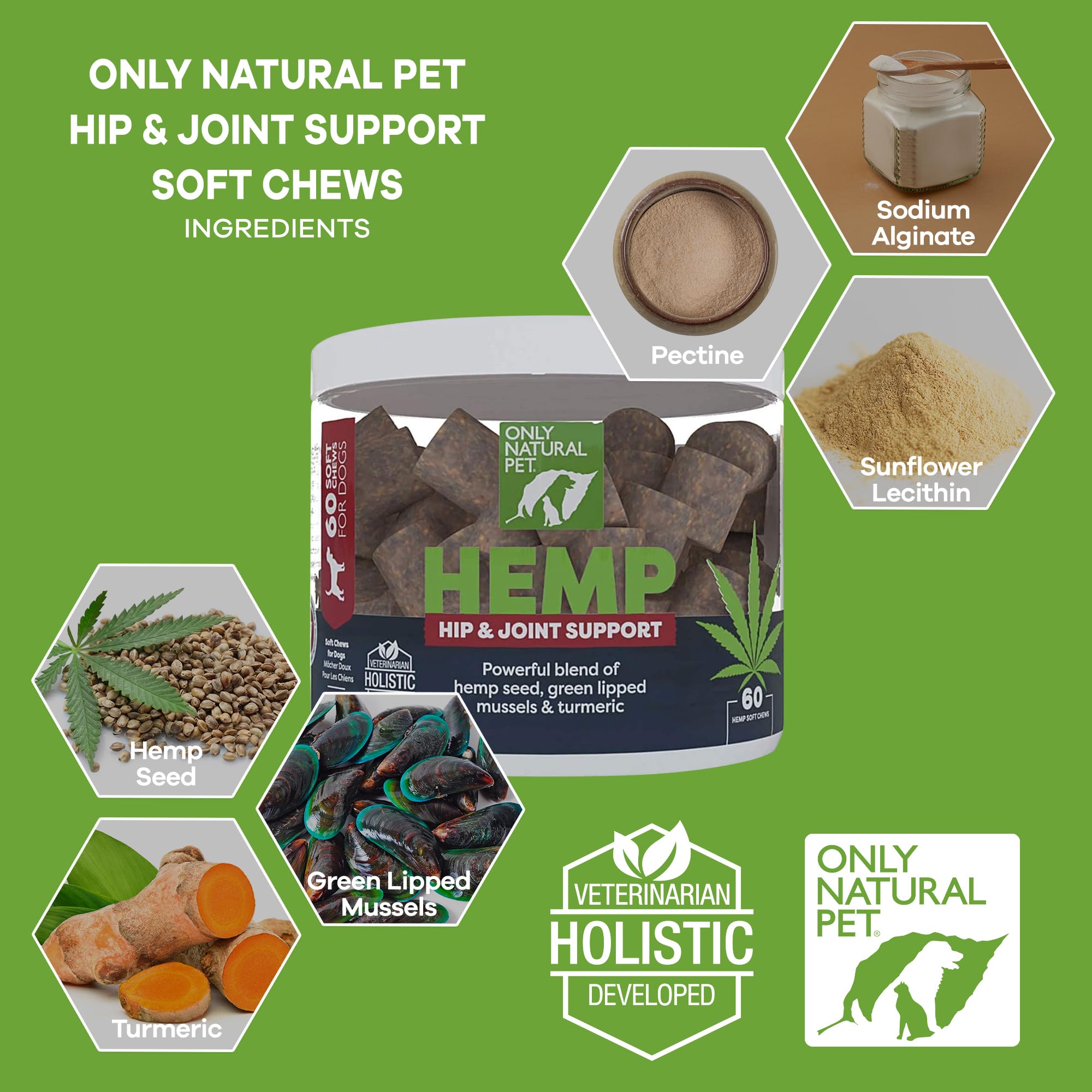 Closeup of Only Natural Pet hip joint chews with savory flavor appeal.