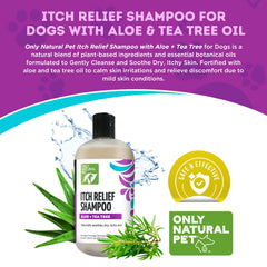 Only Natural Pet Itch Relief Shampoo with aloe-tea-tree ingredients nourishes fur and skin