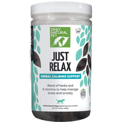 Only Natural Pet Just Relax calming chews for dogs in bacon flavor; promotes calm moments.