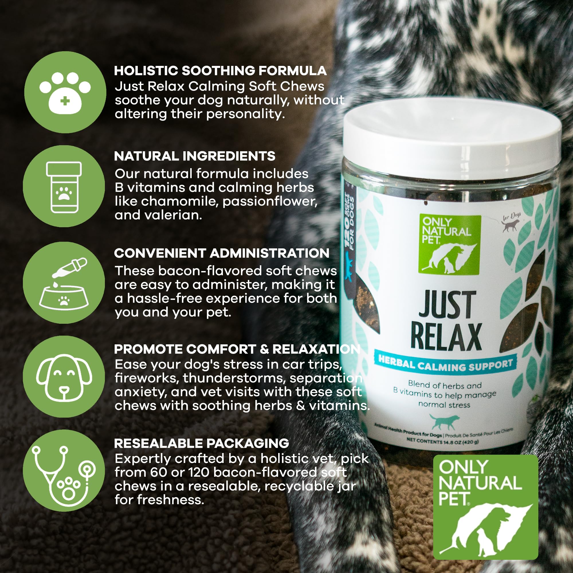 Dog bowl serving of Just Relax chews; easy daily calm support for pets.