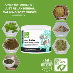 Just Relax bacon chews close-up on calming herbal blend for dogs