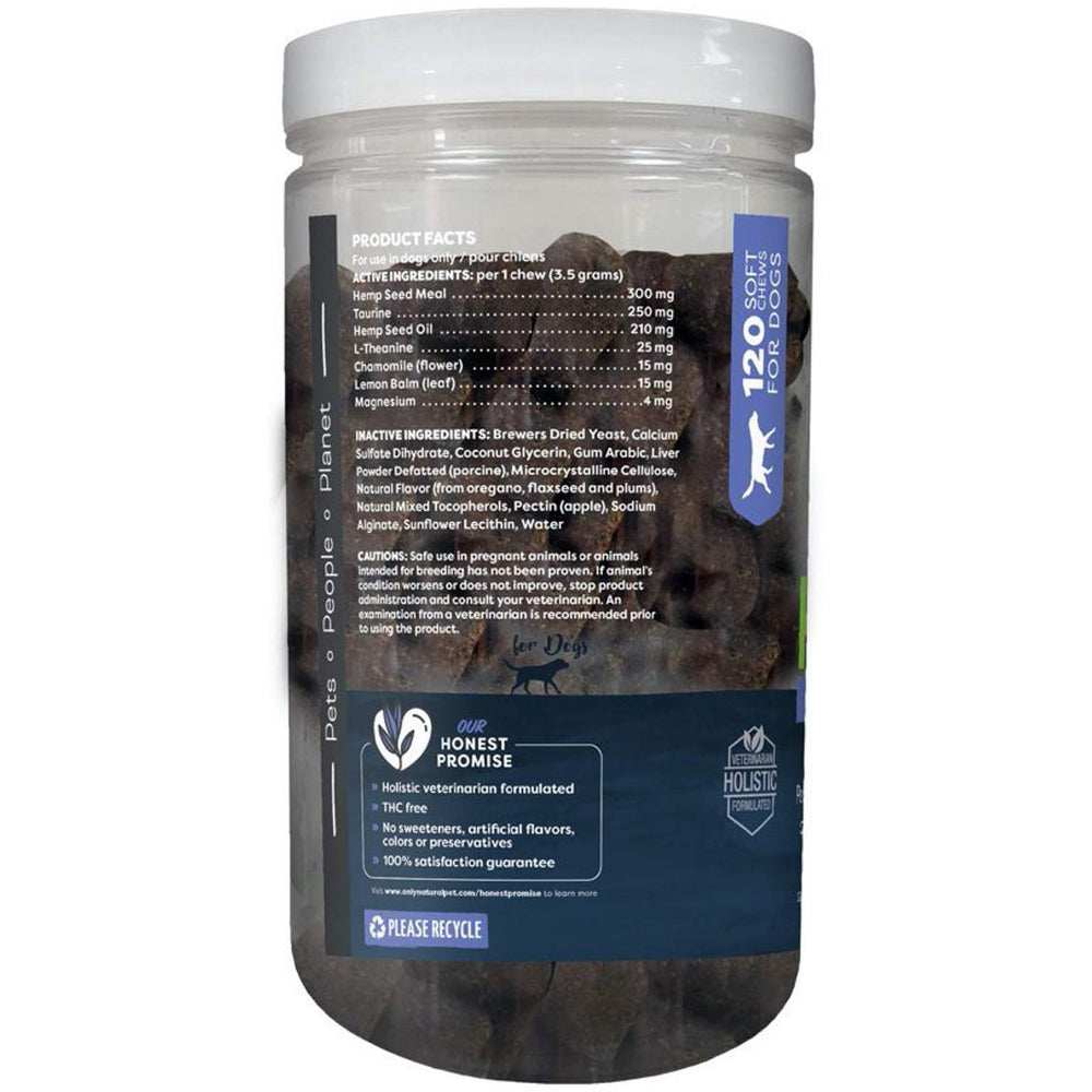 Only Natural Pet L-Theanine chamomile lemon balm chews support calm moments for dogs.