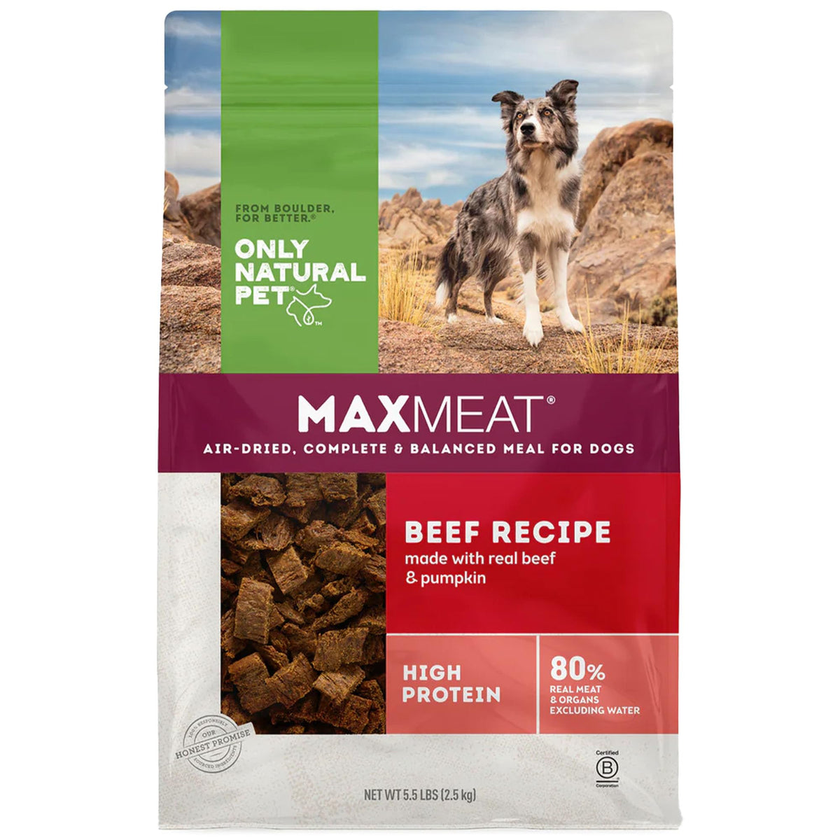 Only Natural Pet MaxMeat air-dried beef with pumpkin in bowl, high-protein serving.