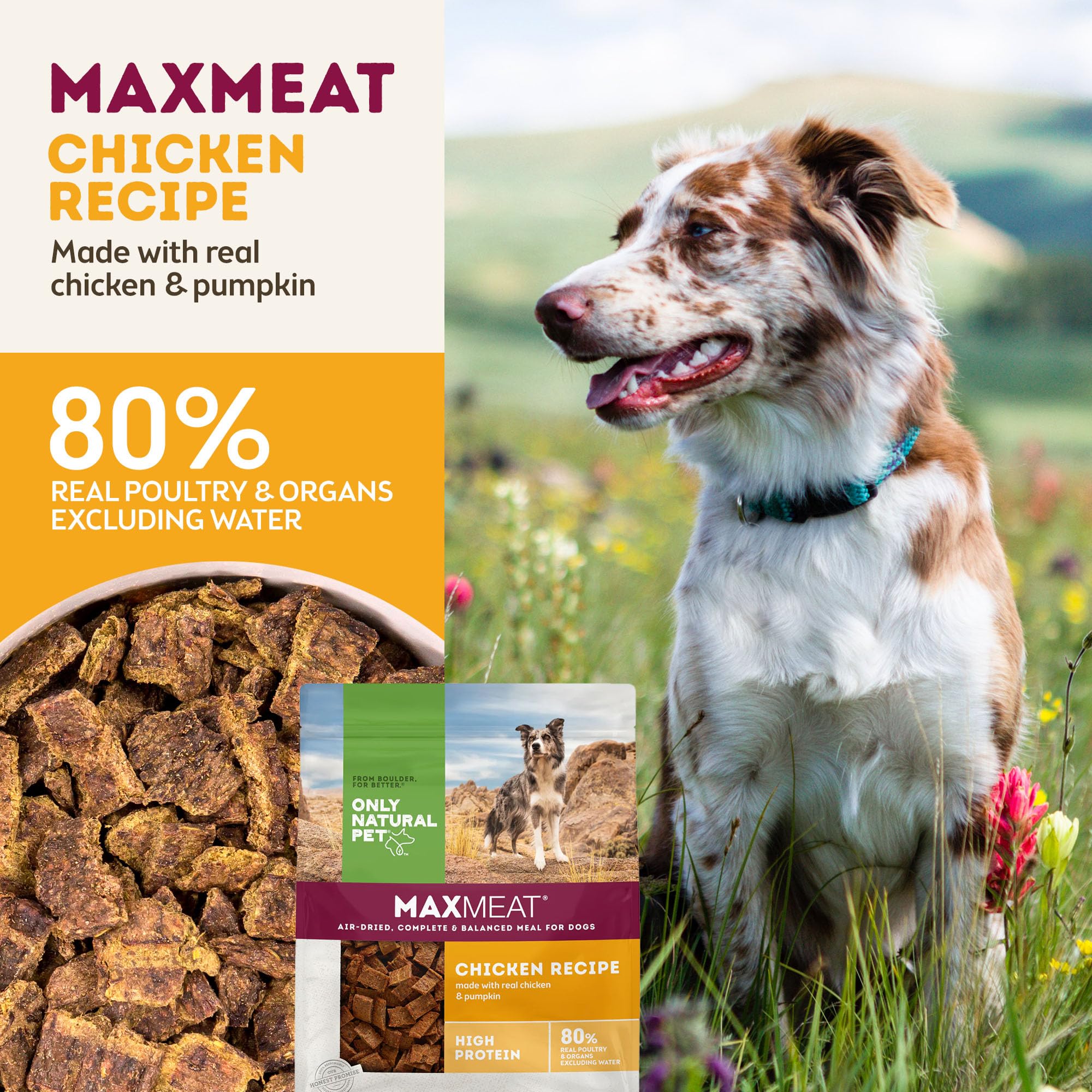 MaxMeat ingredients emphasize a complete, natural nutrition profile for dogs.