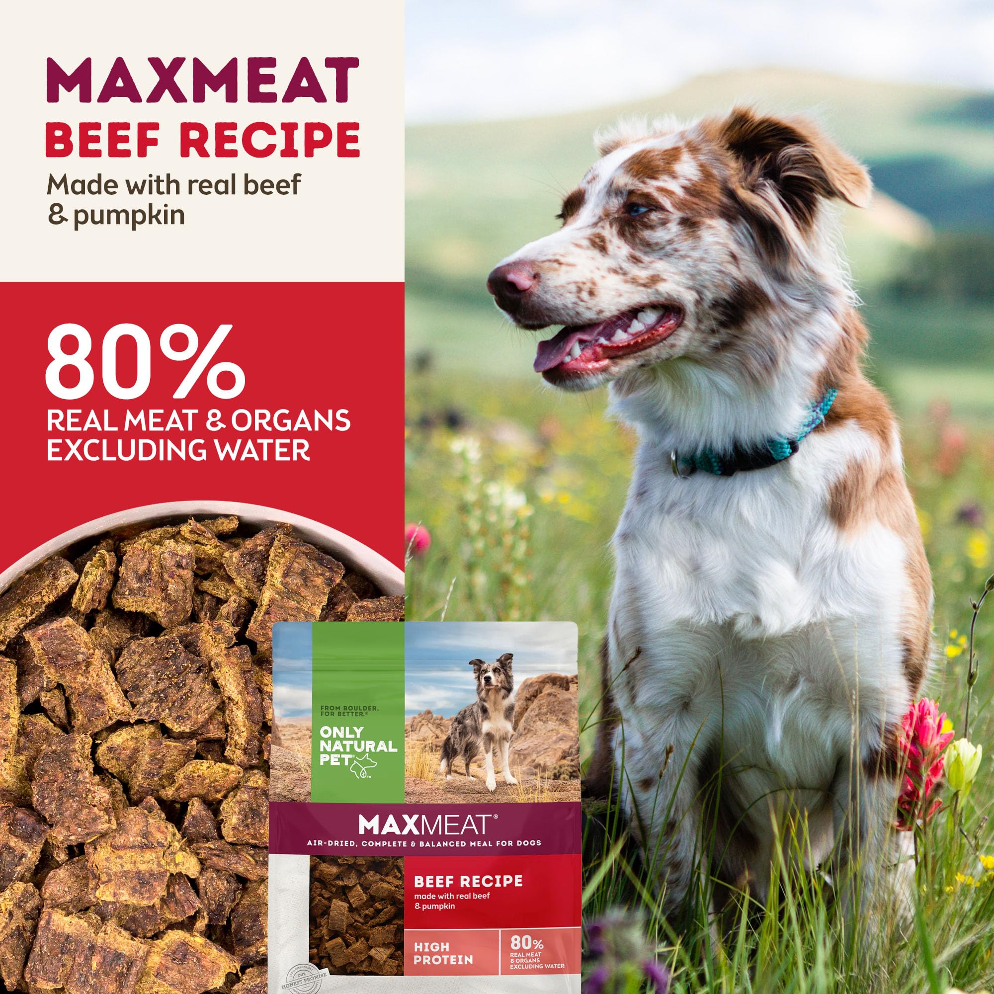 Only Natural Pet MaxMeat label highlights air-dried method and real meat.