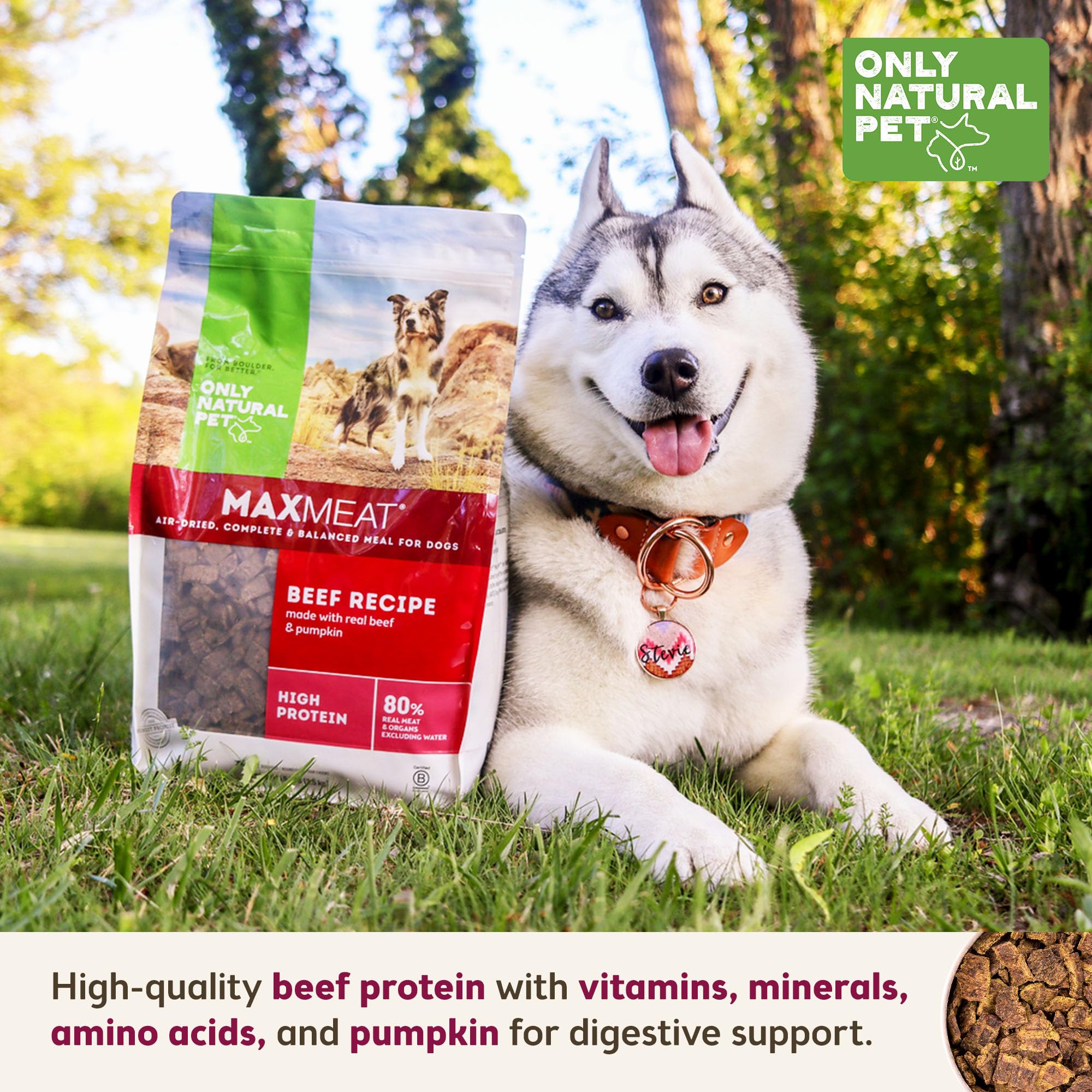 Only Natural Pet MaxMeat texture close-up shows bite-sized meat slices.