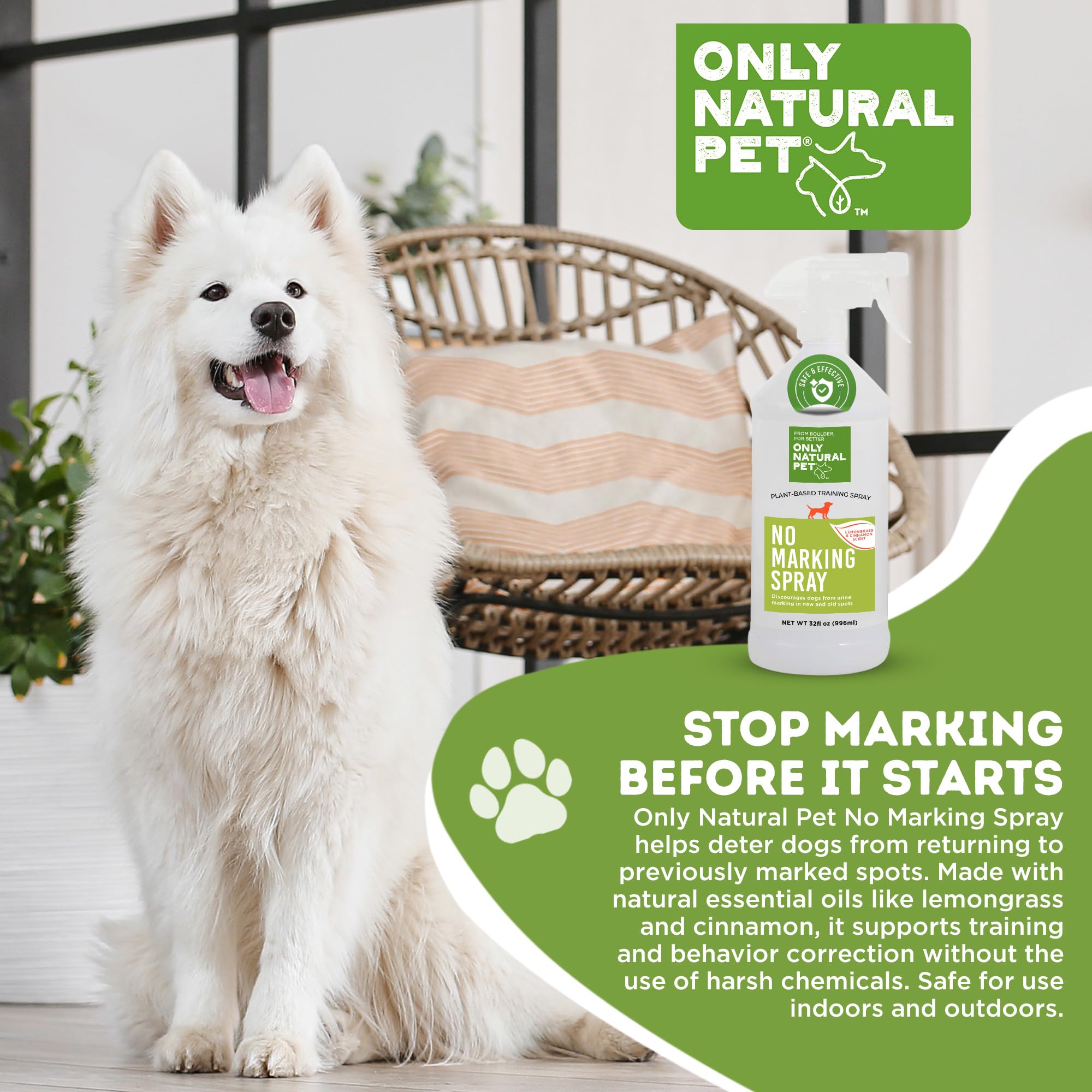 Only Natural Pet No Marking Deterrent Spray uses plant-based ingredients safely.