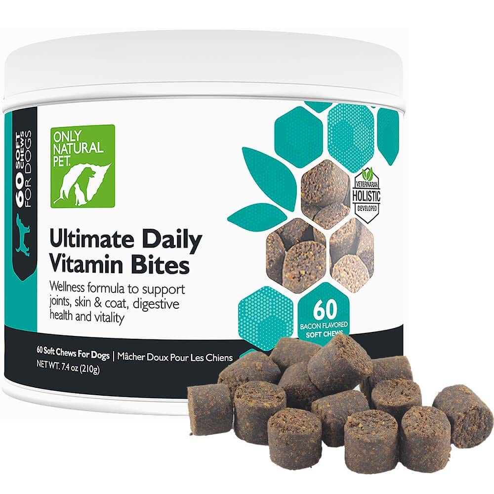 Only Natural Pet Ultimate Daily Vitamins bottle—complete canine multivitamin for daily wellness.