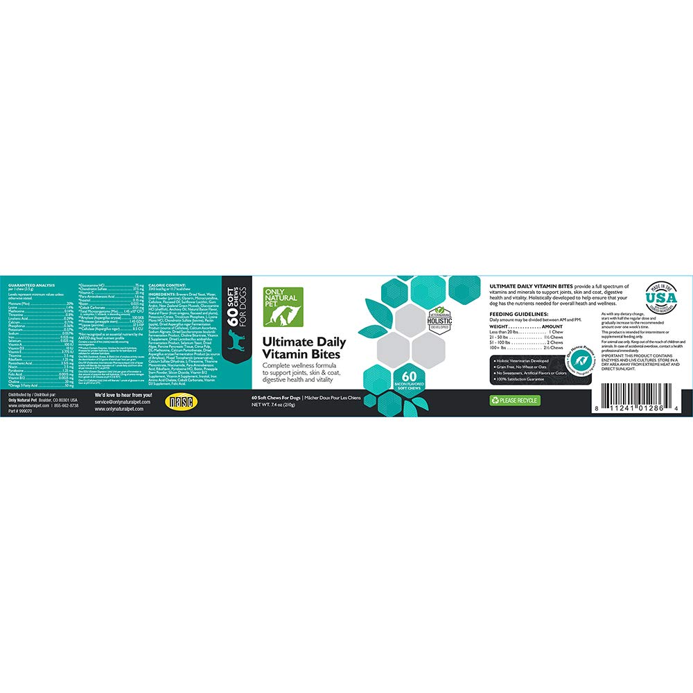 Only Natural Pet Ultimate Daily Vitamins in a bowl—soft chews that dogs love.