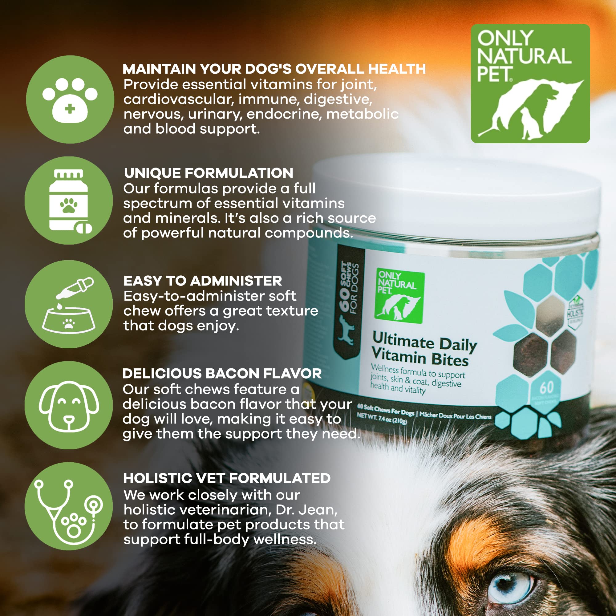 Only Natural Pet Ultimate Daily Vitamins label closeup—ingredient blend for immune and digestion support.