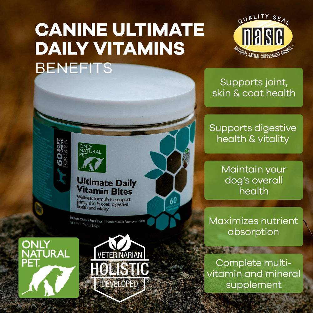 Only Natural Pet Ultimate Daily Vitamins shown with a puppy—supports healthy growth and development.