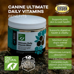 Only Natural Pet Ultimate Daily Vitamins shown with a puppy—supports healthy growth and development.