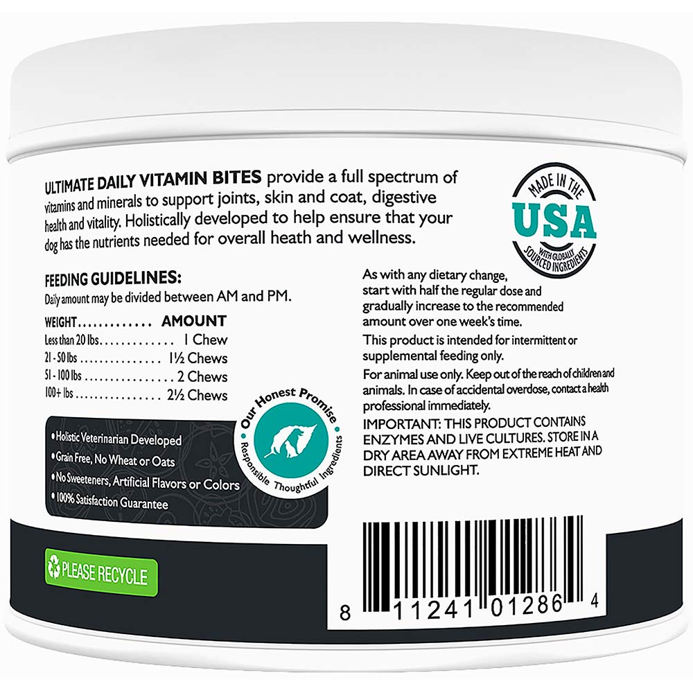 Only Natural Pet Ultimate Daily Vitamins serving spoon and chews—easy to portion and serve.