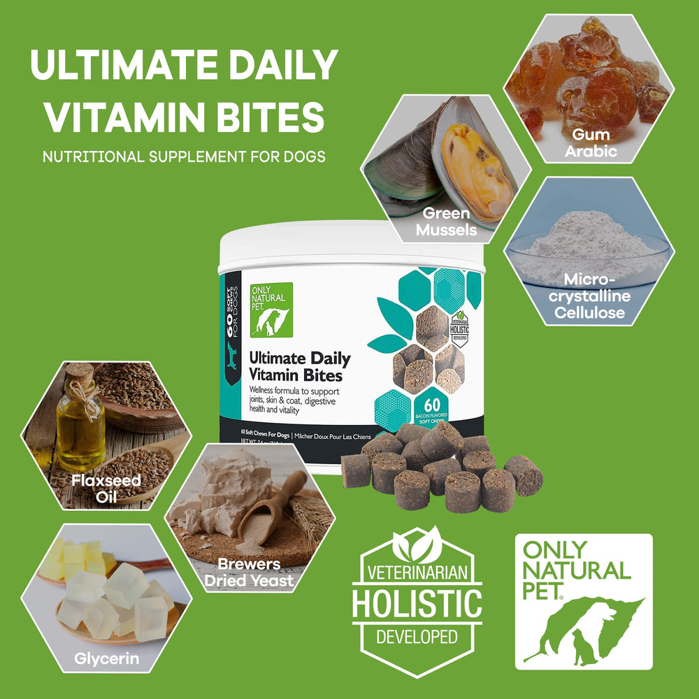 Only Natural Pet Ultimate Daily Vitamins soft chews—palatable daily nutrition for dogs.