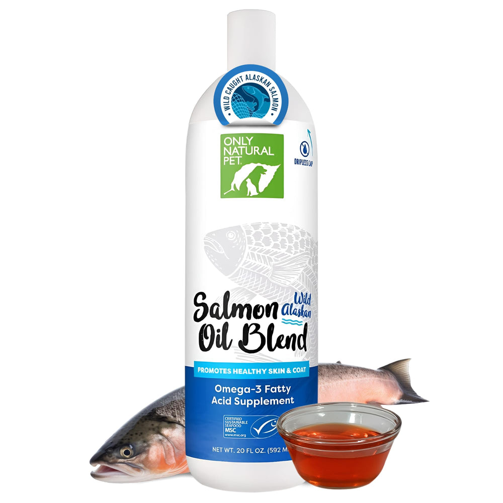 Only Natural Pet Wild Alaskan Salmon Oil bottle pour supports healthy skin and coat.